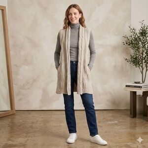 Cabi Womens Size Medium Wanderer Vest 499 Oatmeal Beige Knit Open Front Wool Yak